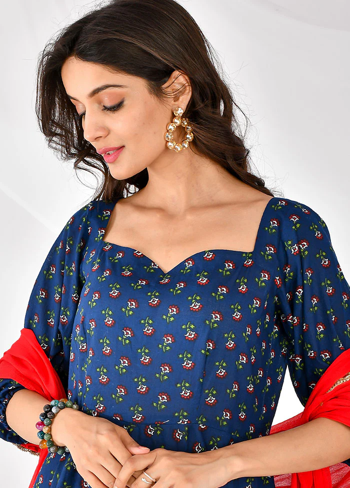 2 Pc Blue Cotton Printed Kurti Set - Image 3