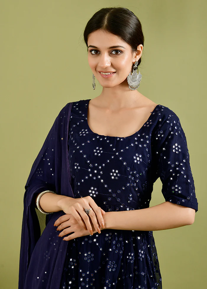 2 Pc Blue Mirror Work Georgette Kurti Set - Image 3