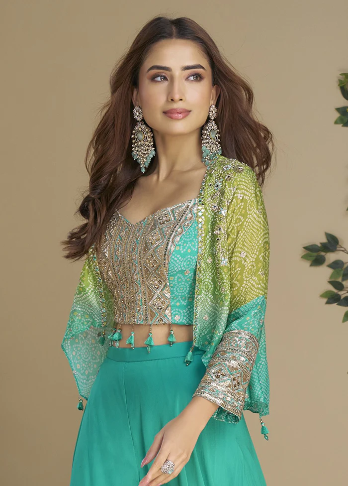 2 Pc Green Silk Kurti Set With Jacket - Image 2