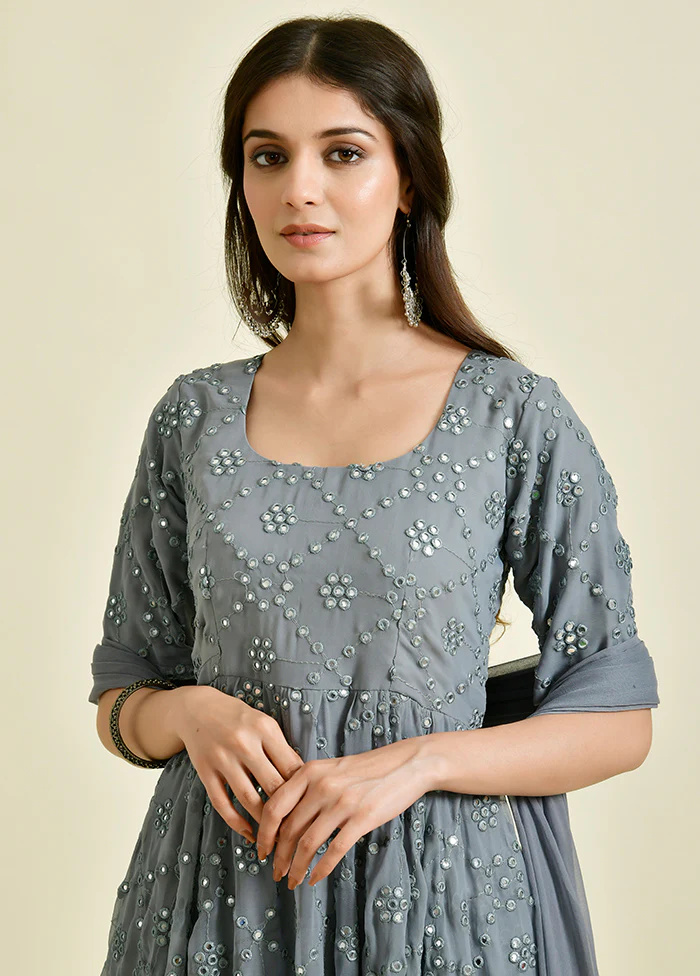 2 Pc Grey Mirror Work Georgette Kurti Set - Image 3