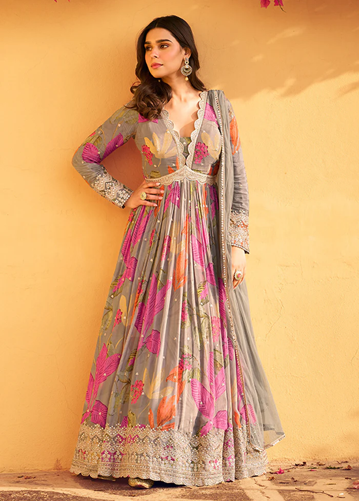 2 Pc Grey Silk Anarkali Suit Set