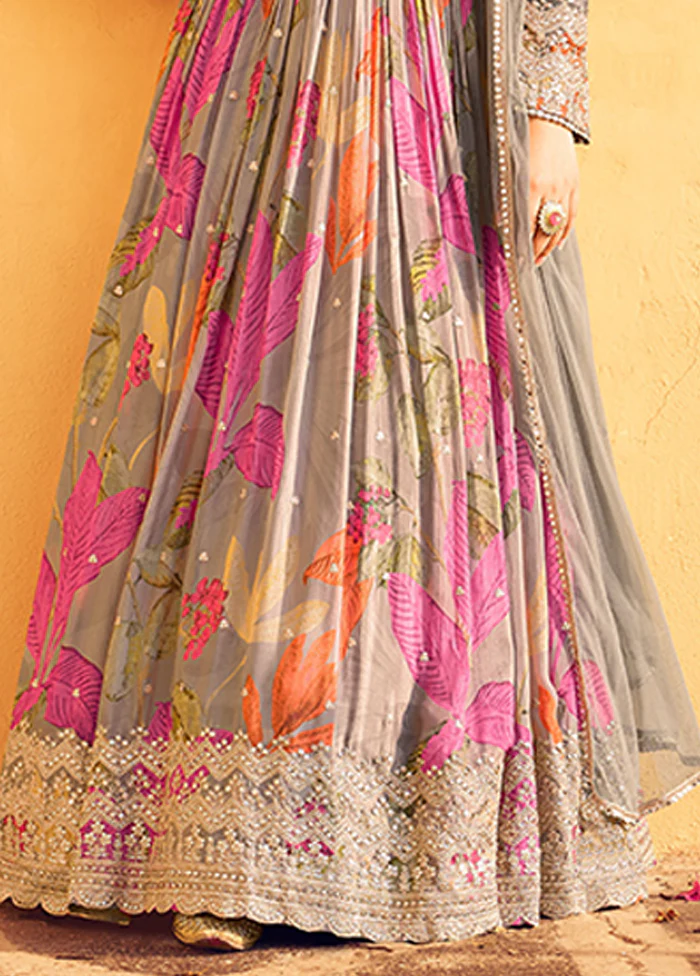 2 Pc Grey Silk Anarkali Suit Set - Image 3