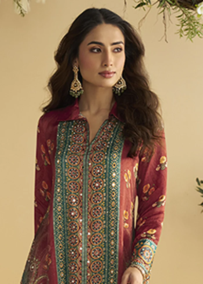 2 Pc Maroon Silk Kurti Set - Image 2