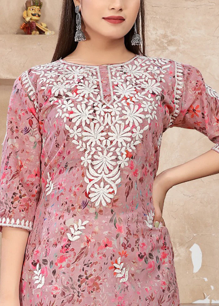 2 Pc Pink Readymade Cotton Kurti Set - Image 3