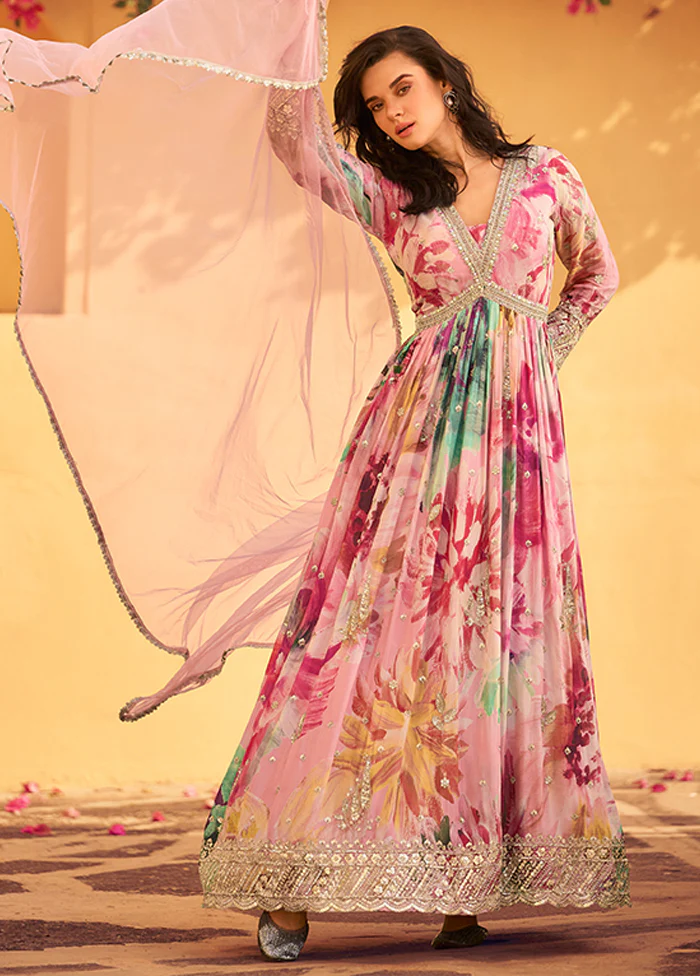 2 Pc Pink Silk Anarkali Suit Set