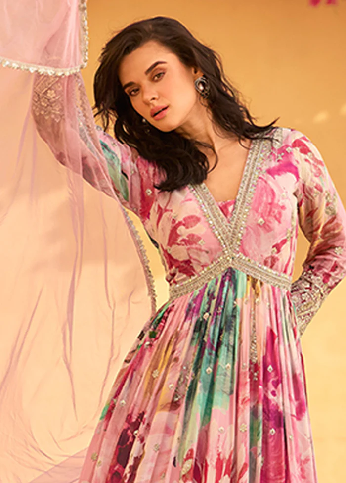 2 Pc Pink Silk Anarkali Suit Set - Image 2