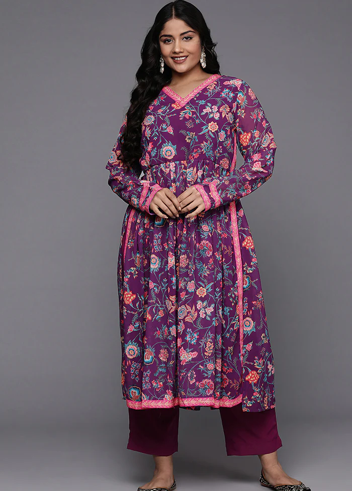 2 Pc Purple Readymade Georgette Kurti Set