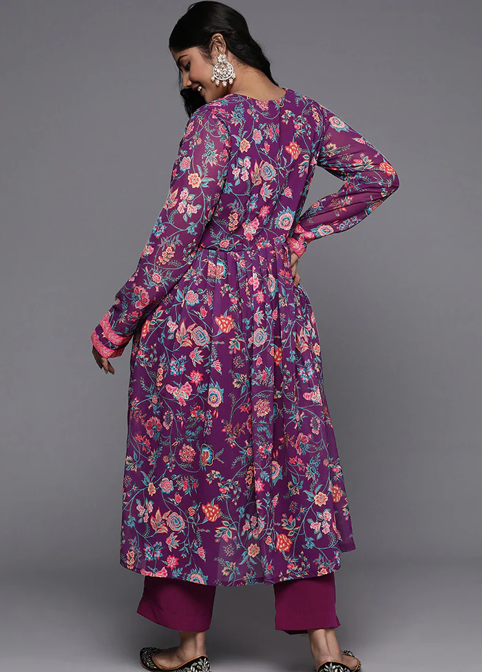 2 Pc Purple Readymade Georgette Kurti Set - Image 3