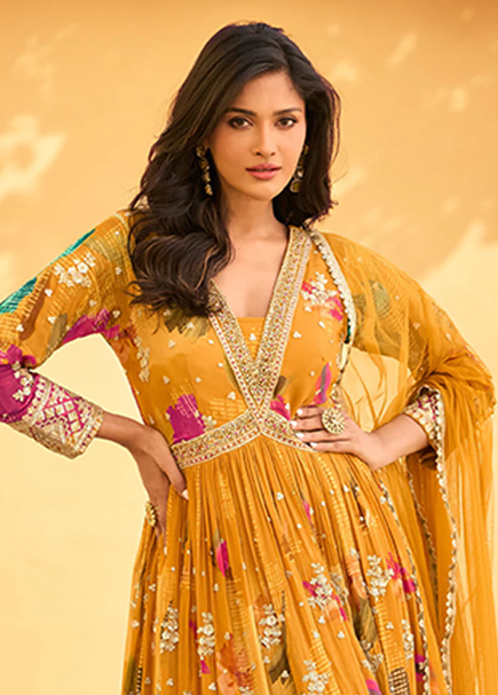 2 Pc Yellow Silk Anarkali Suit Set - Image 2