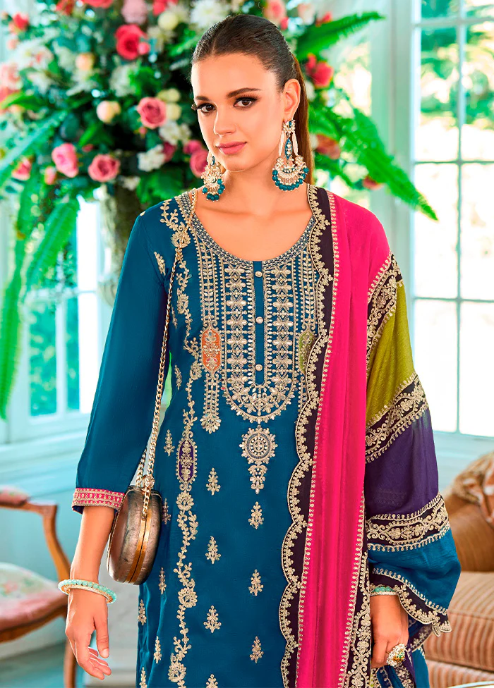 3 Pc Aqua Semi Stitched Silk Suit Set - Image 2