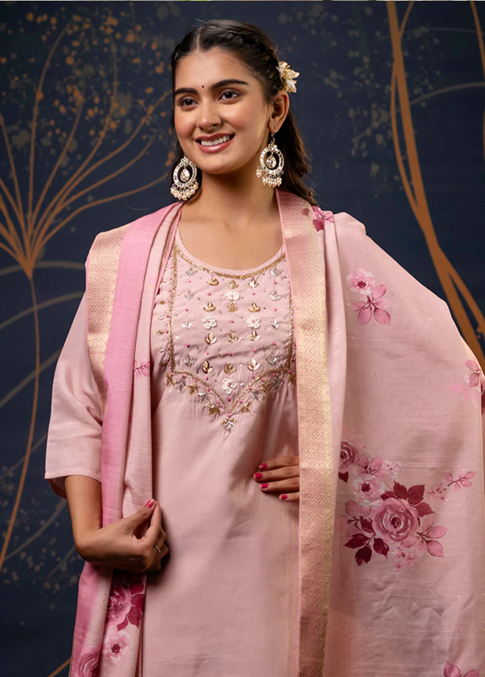 3 Pc Baby Pink Readymade Silk Dupatta Suit Set - Image 2