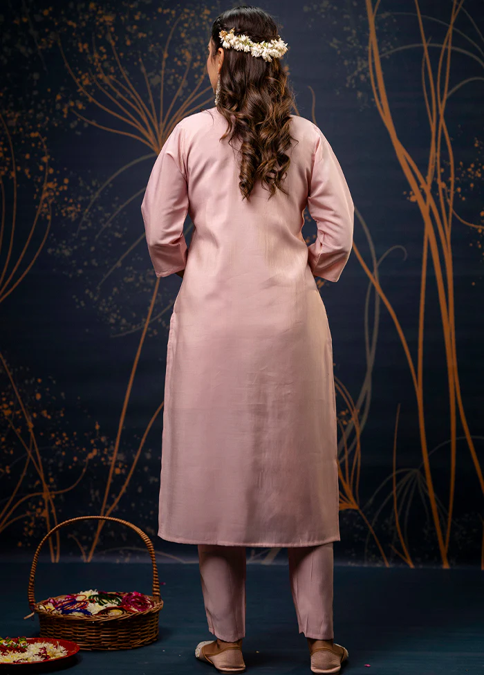 3 Pc Baby Pink Readymade Silk Dupatta Suit Set - Image 3