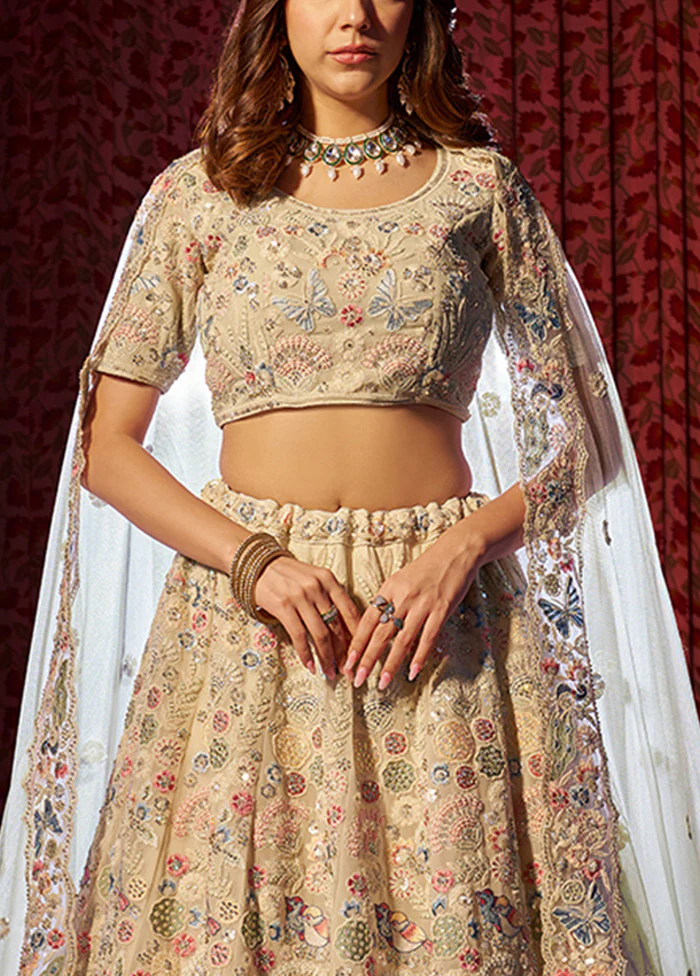 3 Pc Beige Georgette Semi Stitched Lehenga Set - Image 2