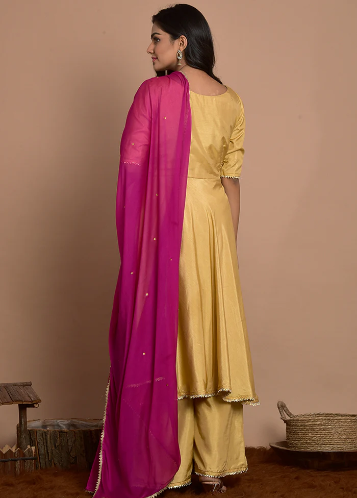 3 Pc Beige Georgette Sharara Suit Set With Dupatta - Image 2
