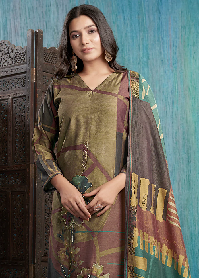 3 Pc Beige Readymade Viscose Dupatta Suit Set - Image 2