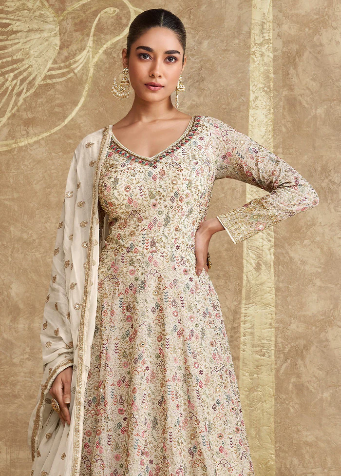 3 Pc Beige Semi Stitched Georgette Dupatta Suit Set - Image 2