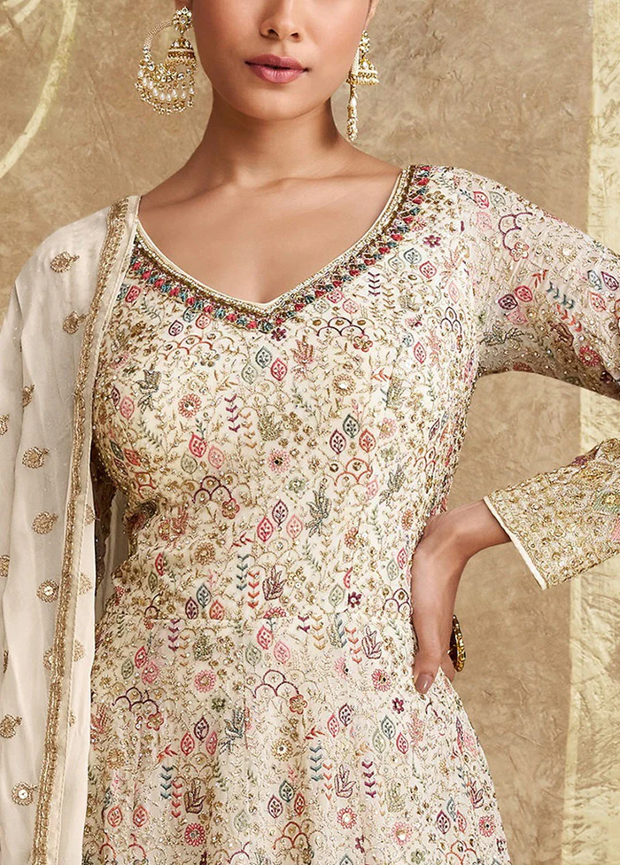 3 Pc Beige Semi Stitched Georgette Dupatta Suit Set - Image 3