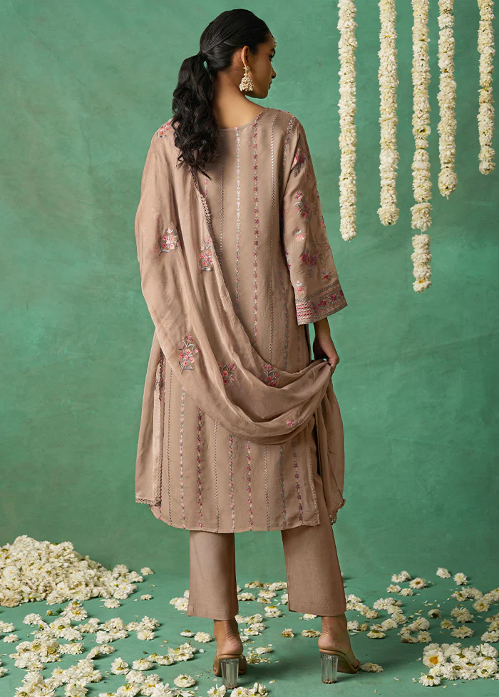 3 Pc Beige Semi Stitched Silk Suit Set - Image 2