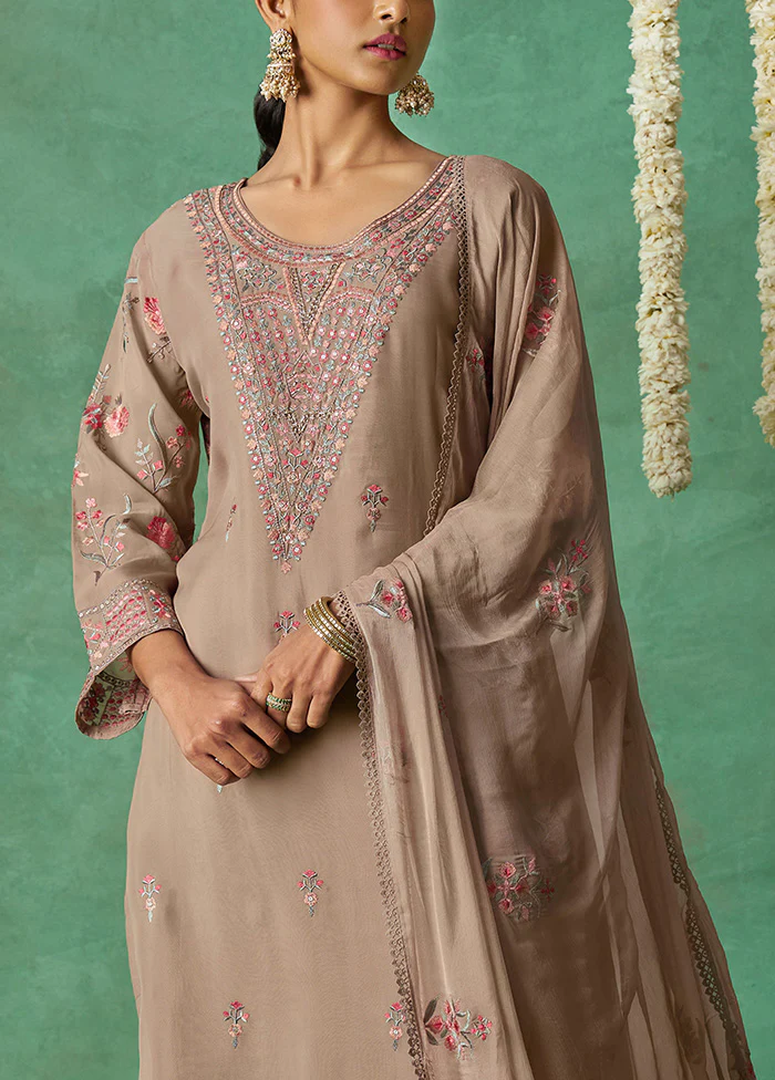 3 Pc Beige Semi Stitched Silk Suit Set - Image 3
