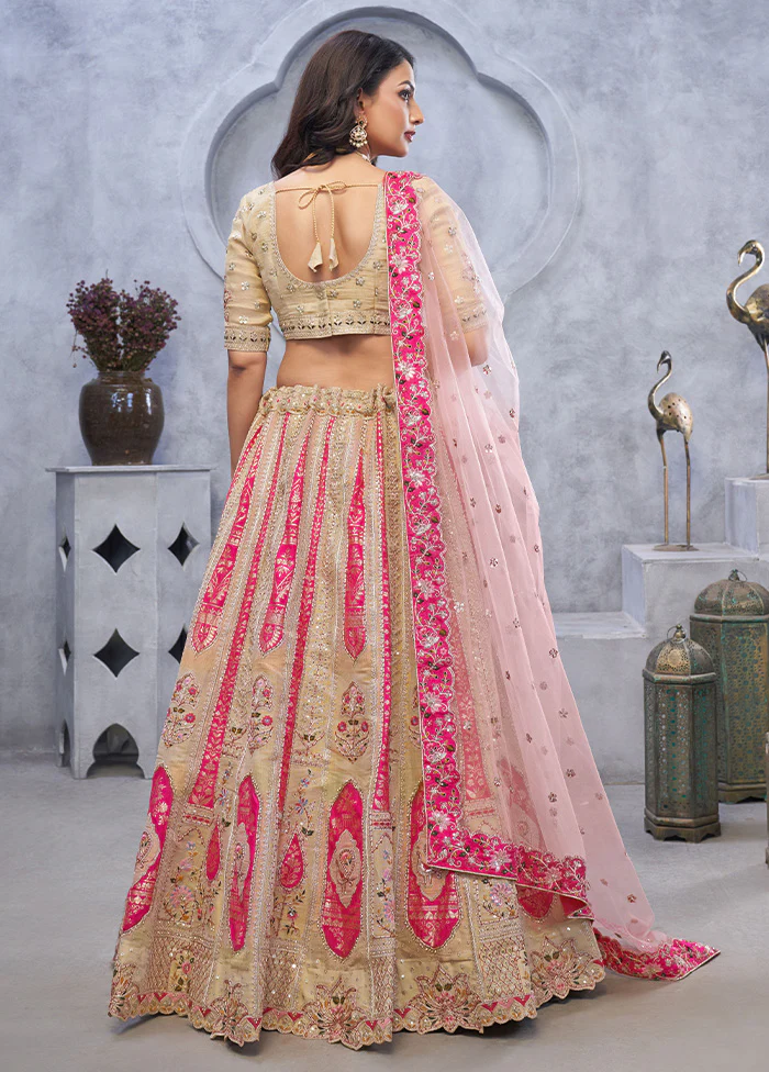 3 Pc Beige Silk Semi Stitched Lehenga Set