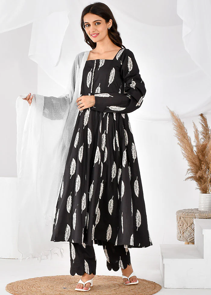 3 Pc Black Cotton Printed Suit Set