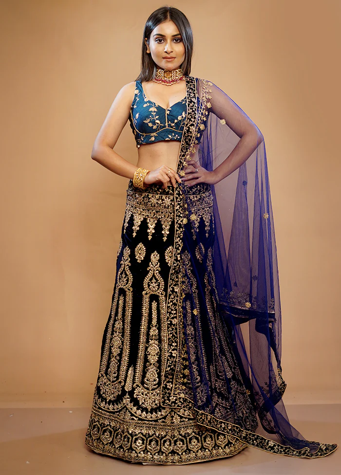 3 Pc Black Georgette Semi Stitched Lehenga Set