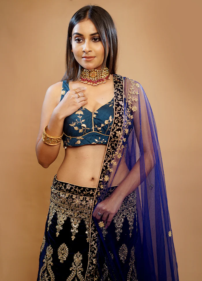 3 Pc Black Georgette Semi Stitched Lehenga Set - Image 2