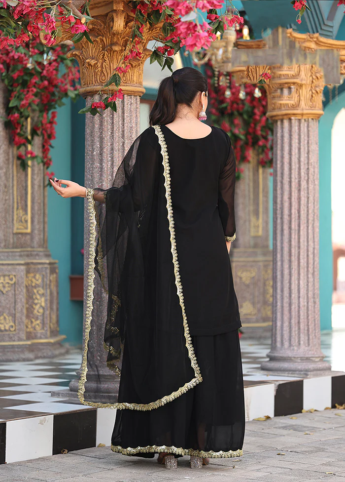 3 Pc Black Georgette Plazzo Suit Set - Image 3