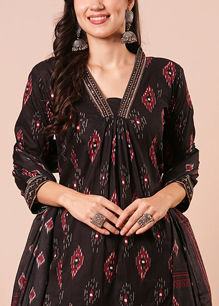 3 Pc Black Readymade Cotton Dupatta Suit Set - Image 3