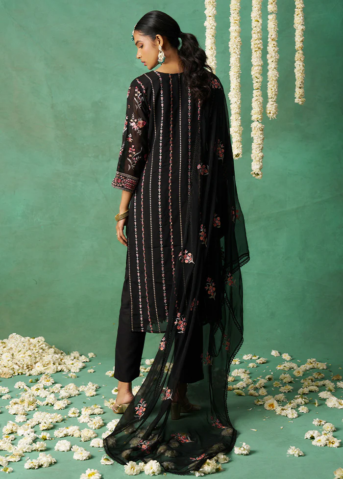3 Pc Black Semi Stitched Silk Suit Set - Image 2
