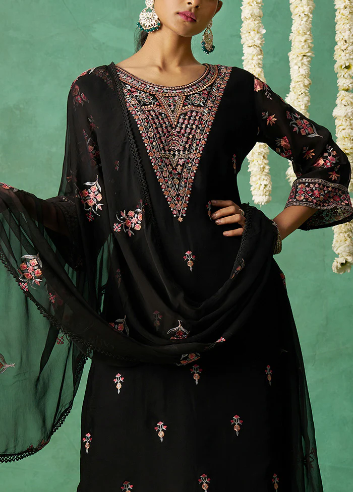 3 Pc Black Semi Stitched Silk Suit Set - Image 3