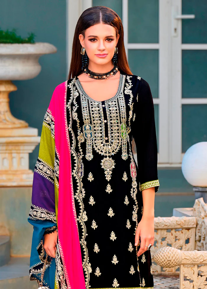 3 Pc Black Semi Stitched Silk Suit Set - Image 2