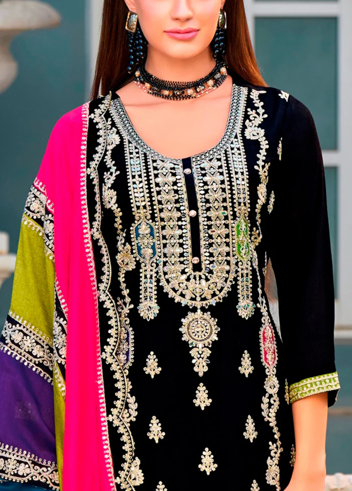 3 Pc Black Semi Stitched Silk Suit Set - Image 3