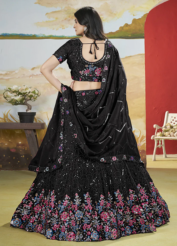 3 Pc Black Silk Semi Stitched Lehenga Set - Image 2