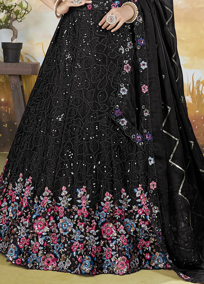 3 Pc Black Silk Semi Stitched Lehenga Set - Image 3