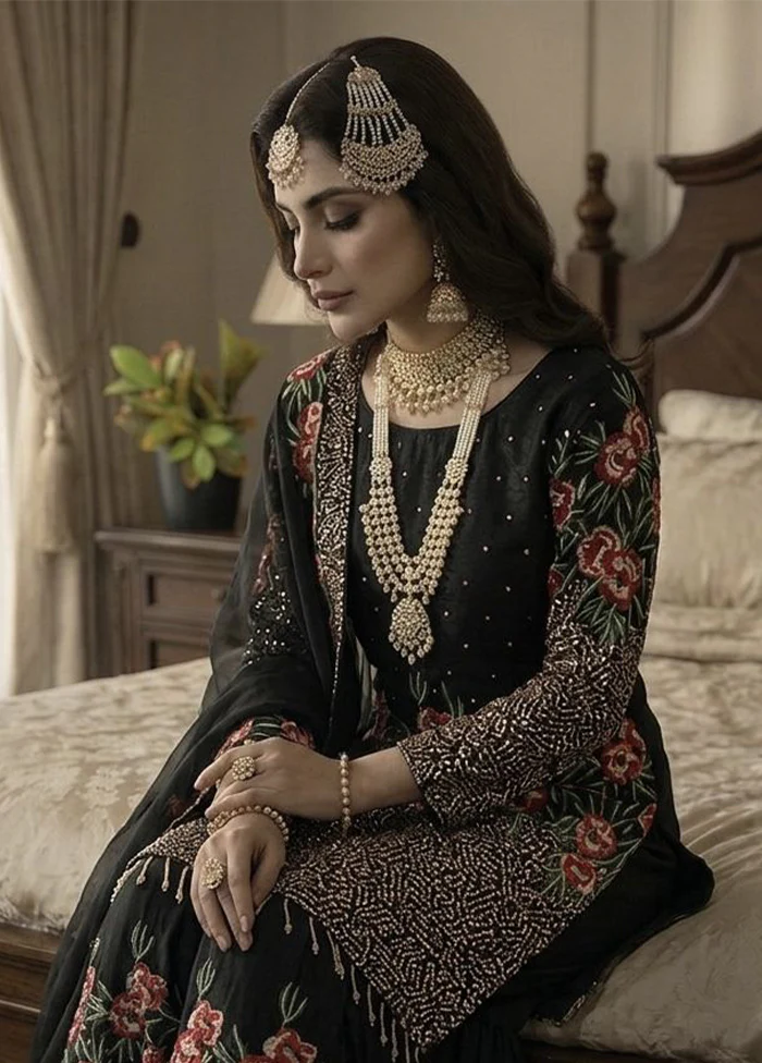 3 Pc Black Silk Sharara Set - Image 2