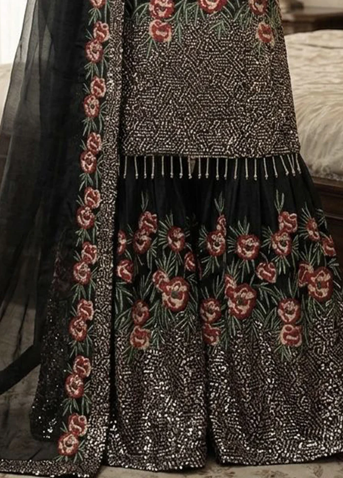 3 Pc Black Silk Sharara Set - Image 3