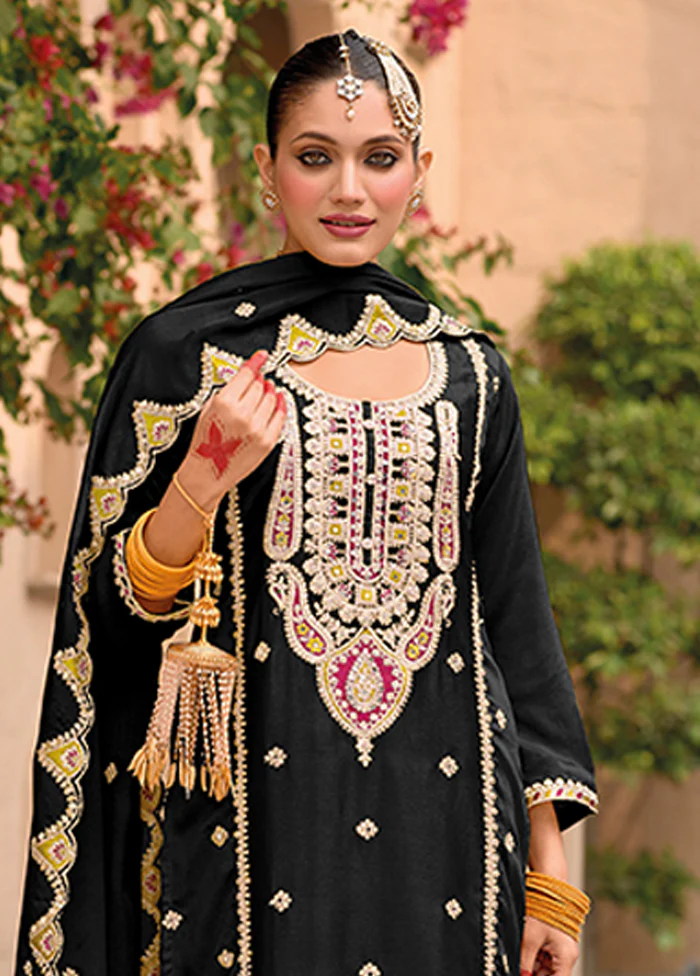 3 Pc Black Silk Sharara Suit Set - Image 2