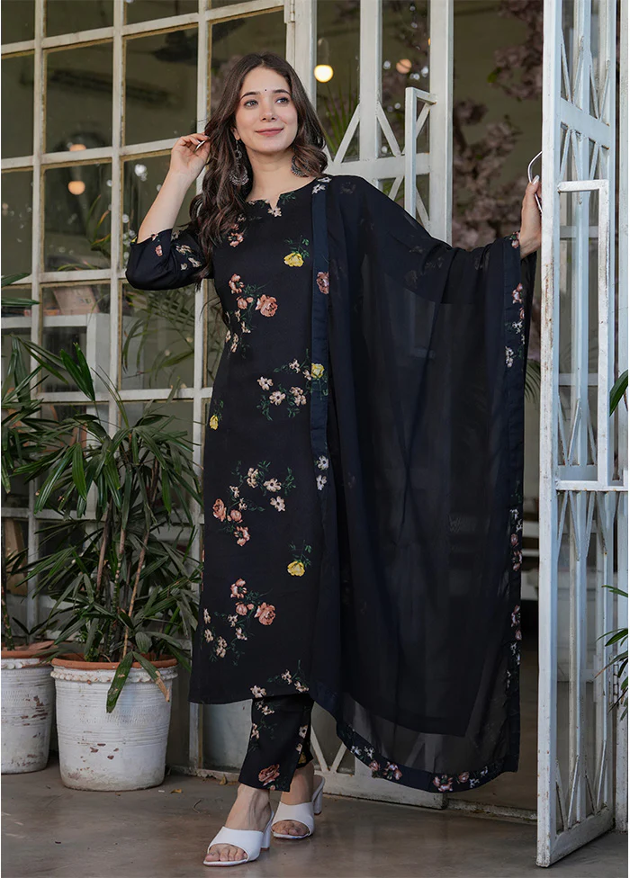 3 Pc Black Silk Suit Set