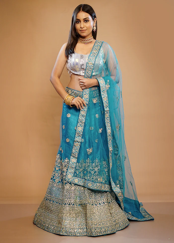 3 Pc Blue Georgette Semi Stitched Lehenga Set