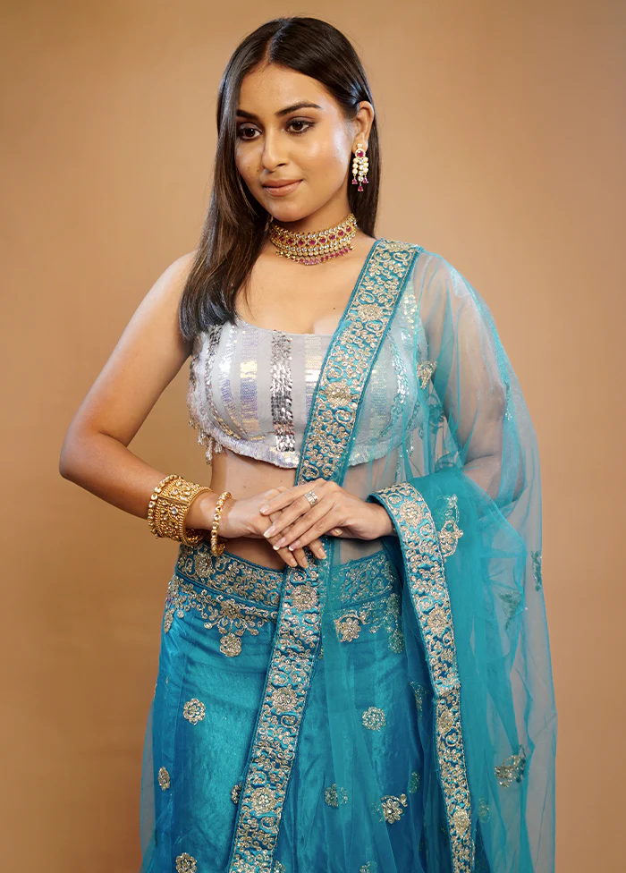 3 Pc Blue Georgette Semi Stitched Lehenga Set - Image 2