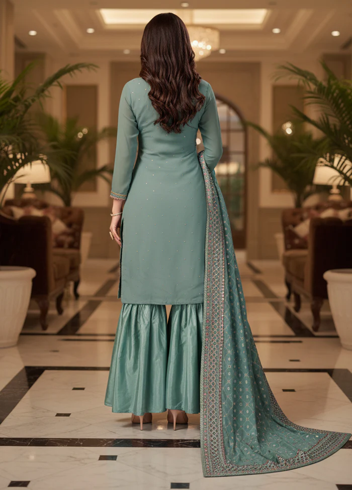 3 Pc Blue Georgette Sharara Set - Image 3