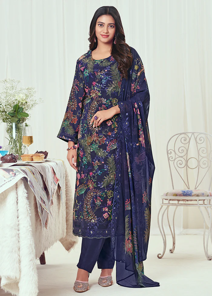 3 Pc Blue Georgette Suit Set