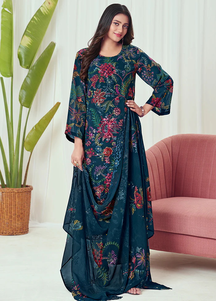 3 Pc Blue Georgette Suit Set