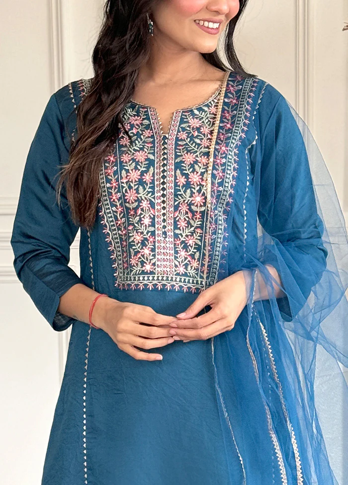 3 Pc Blue Readymade Chanderi Dupatta Suit Set - Image 3