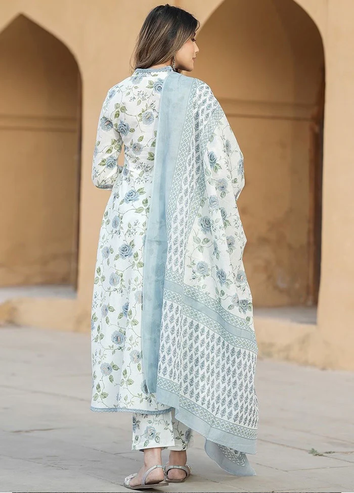 3 Pc White Readymade Cotton Dupatta Suit Set - Image 2
