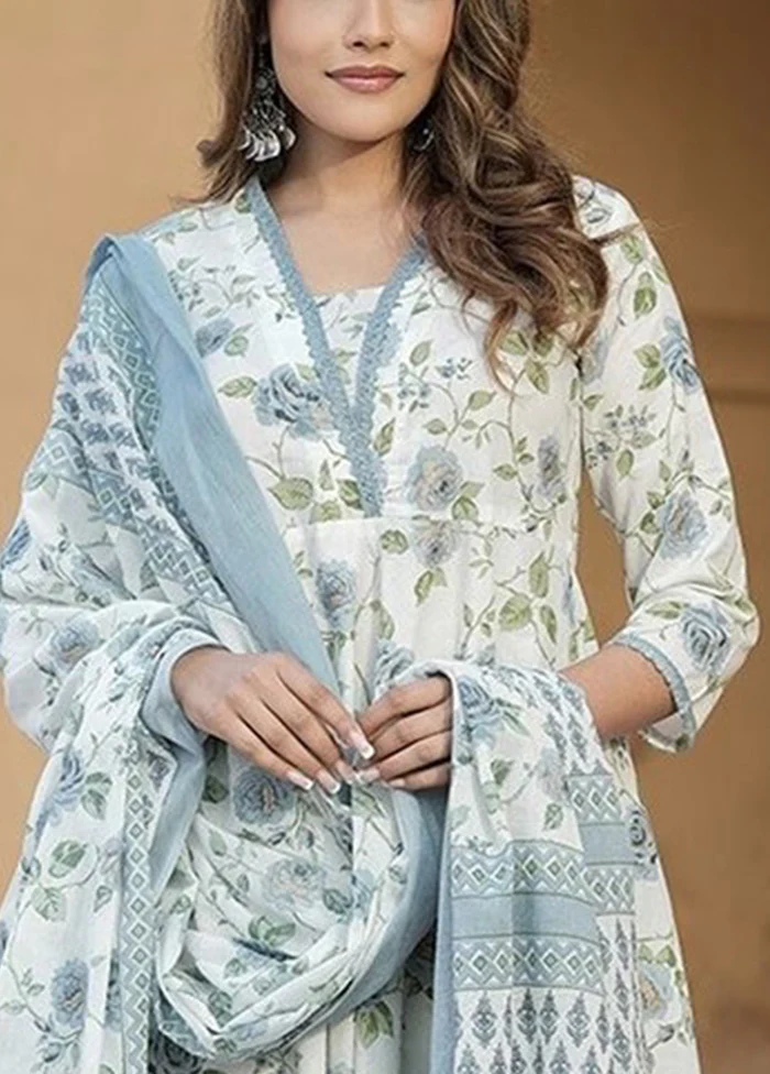 3 Pc White Readymade Cotton Dupatta Suit Set - Image 3