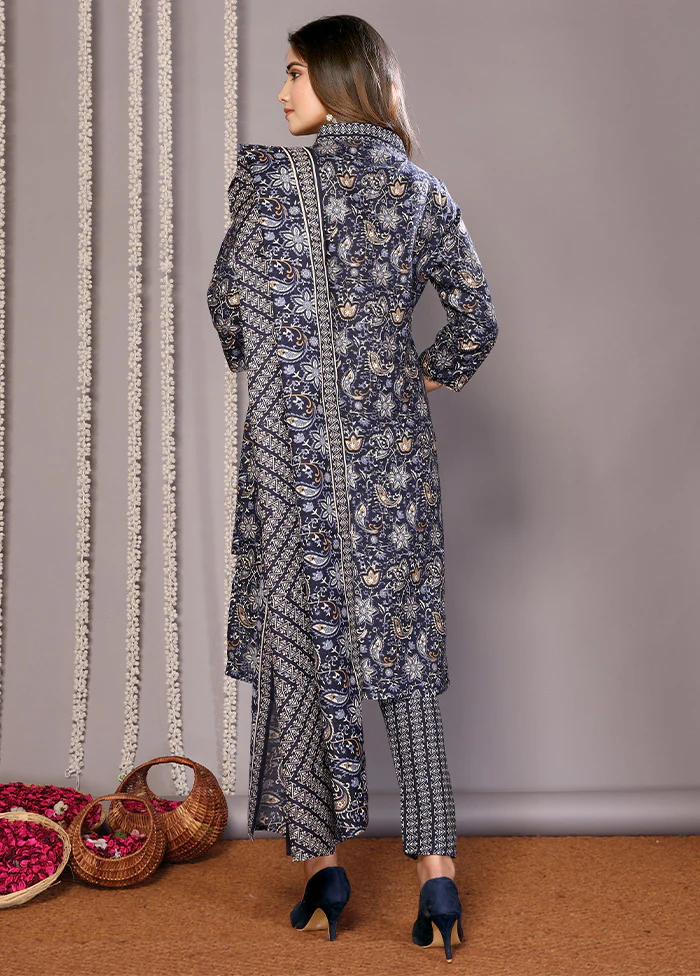 3 Pc Blue Readymade Cotton Suit Set - Image 2