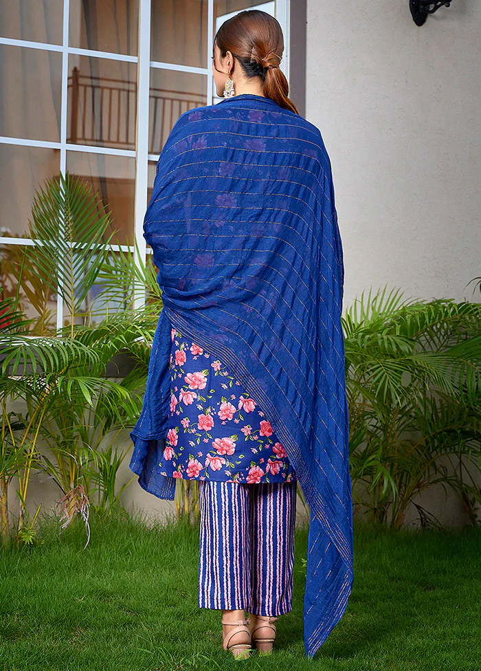 3 Pc Blue Readymade Cotton Suit Set - Image 2
