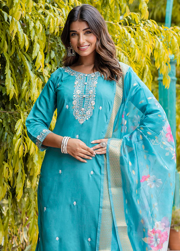 3 Pc Blue Readymade Viscose Dupatta Suit Set - Image 2